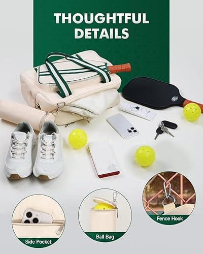 Movker Pickleball Tote Bag for Women Men with Paddle Cover Pocket External Ball Bag and Adjustable Shoulder Strap Fence Hook - Beige thumbnail 2