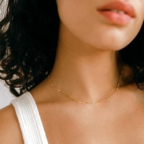 Beriso 14K Gold/Silver Plated Satellite Choker Shining Dots Station Box Chain 3 Blue Beads Sparkle Chain Necklace Open Hearts Open Stars Link Chain Exquisite Jewelry Gifts for Women Mom Girlfriend thumbnail 2