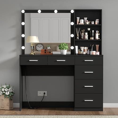 Gyfimoie 39 Inches Black Vanity Desk with Lights, 6-Drawers Makeup Vanity Table with Power Strip and Storage Shelves, Dressing Table with Lighted Mirror for Women Girls (Black) thumbnail 3