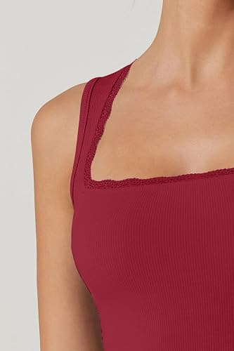 QINSEN Women's Square Neck with Lace Detail Long Maxi Dress Sleeveless Lounge Ribbed Full Length Dresses thumbnail 5