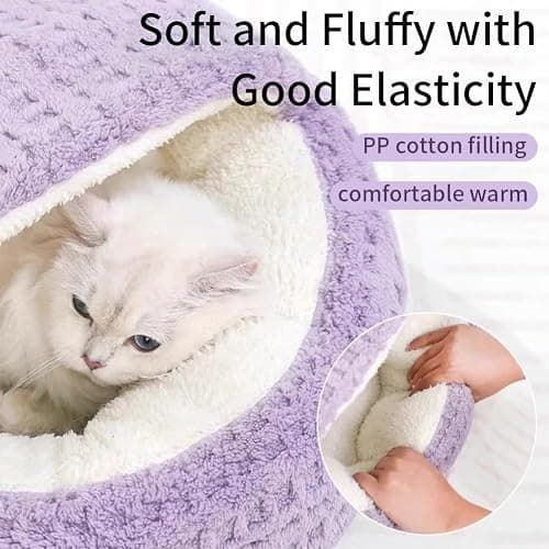Plush Cat Bed Hooded Semi Enclosed Shell Shaped Pet Nest Cozy Warming Anti-Slip Small Dog Bed for Puppy and Kitten thumbnail 6