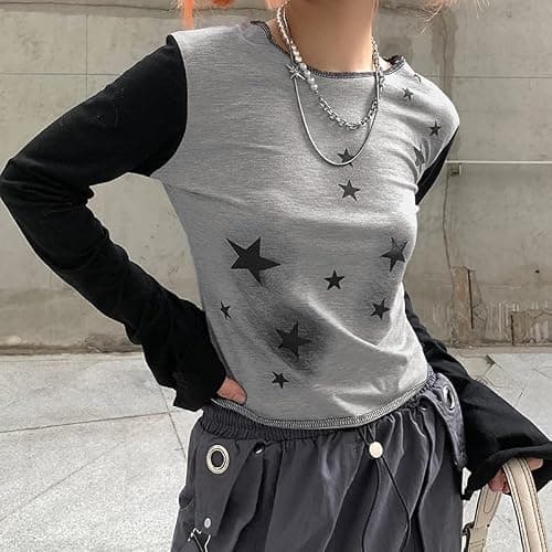 dsumvns Women Fairy Grunge Tops for Teen Girls Emo Star Graphic Y2k Crop Top Color Block Long Sleeve Alternative Clothes thumbnail 2