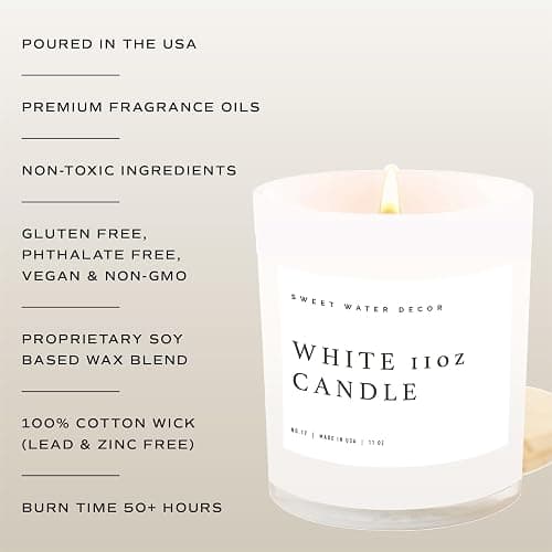 Sweet Water Decor Cashmere and Vanilla Soy Candle - Soft Cashmere, Sandalwood, Jasmine, and Vanilla Scented Candle for Spring - 11oz White Jar and Wood Lid, 50+ Hour Burn Time, Made in The USA thumbnail 5