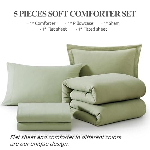 WRENSONGE Twin Comforter Set- 5 Pieces Sage Green Bed in a Bag, All Season Twin XL Bedding Sets with 1 Fitted Sheet, 1 Flat Sheet, 1 Pillow Sham and 1 Pillowcase - Sage Green - 5Pcs-Twin/Twin XL(66"*90") thumbnail 7