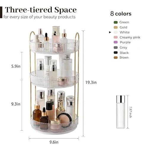 Aveniee Crystal Three-Layer 360° Rotating Cosmetic Stand, Premium Solid Metal Pole Sturdy Construction, Translucent Revolving Beauty Storage Unit for Vanity, Sink or Bathroom Shelf, White thumbnail 2