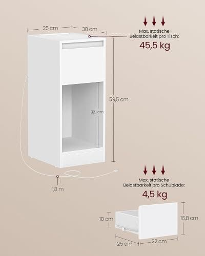 VASAGLE Kailyn Kollektion - Nachttisch, schmal, Beistelltisch, LED-Beleuchtung, 1 USB-A-Anschluss, 1 USB-C-Anschluss, Schublade, offenes Fach, für Schlafzimmer, Wohnzimmer, wolkenweiß LET610W01 thumbnail 2