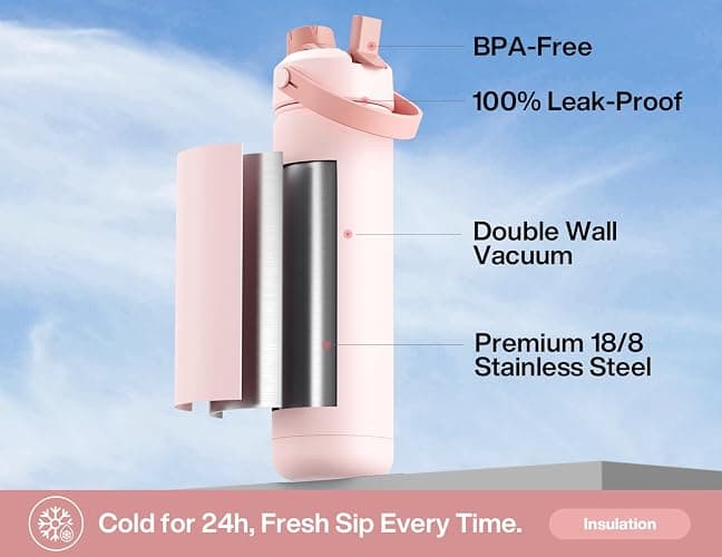 POWCAN 26 oz Insulated Water Bottle with 2-in-1 Straw and Spout Lid, Keep Cold 24H, Leak-Proof, Fits in Car Cup Holder, Stainless Steel Water Bottle for Sports, Travel, Gift, and School (Rosy Bouquet) thumbnail 4