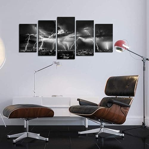 Biuteawal - Black and White Wall Art Nature Lightning Strikes in The Clouds Painting on Canvas Storm and City Night View Picture Print for Home Office Living Room Decoration Wall Decor thumbnail 5
