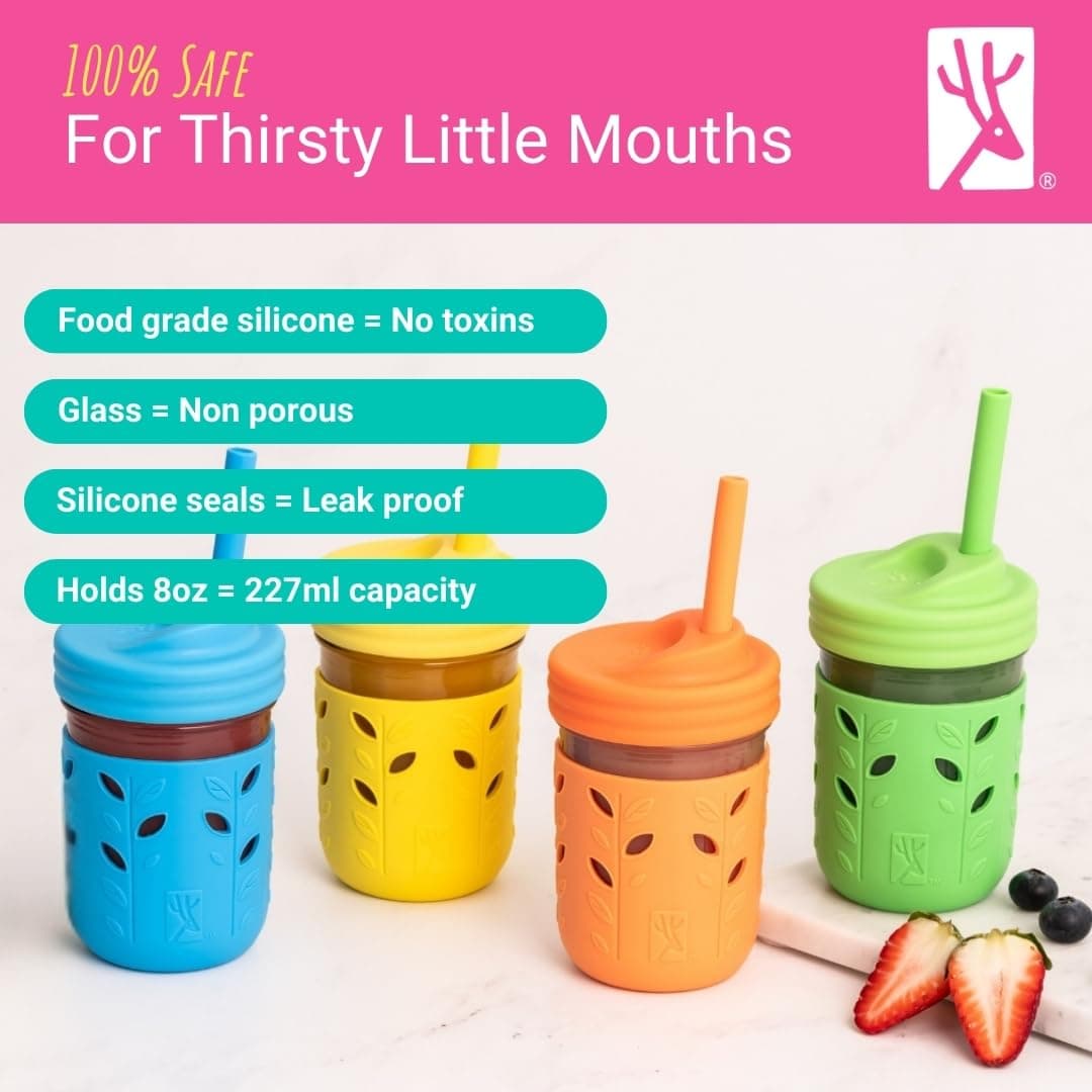 Elk and Friends 8oz Glass Kids + Toddler Drinking Cups | The Original Mason Jars with Lids + Sleeves + Straws | Smoothie Cups | Spill Resistant | Dishwasher Safe | 4 Pack thumbnail 3