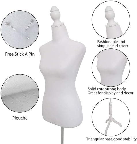Female Dress Form Mannequin Torso Body with Adjustable Tripod Stand Dress Jewelry Display (White) thumbnail 3
