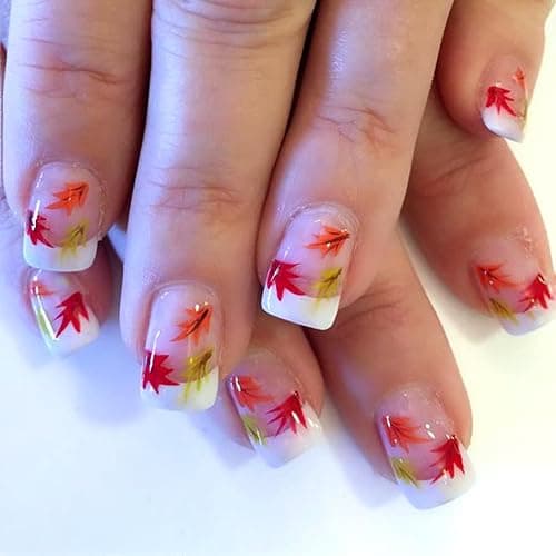 Fall Short Square French Tip Press on Nails with Leaves Design,Glossy Maple Leaf False Nails Glue on Nails,Autumn Winter Manicure Art Acrylic White Stick on Nails Fake Nail Tips for Women Thanksgiving - Image 1