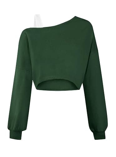 Remidoo Off The Shoulder Tops for Women Cropped Sweatshirt Long Sleeve Top Asymmetrical Patchwork Shirt - Image 1