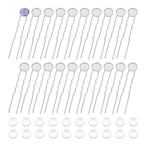 UNICRAFTALE 20 Sets U Shape Hairpins Platinum Round Bezel Tray Blank Hair Pins Brass DIY Cabochon Hair Pins Supplies with Glass Cabochons 12mm Tray Hair Clips 80mm Long Hair Fork for Jewelry Making - Image 1