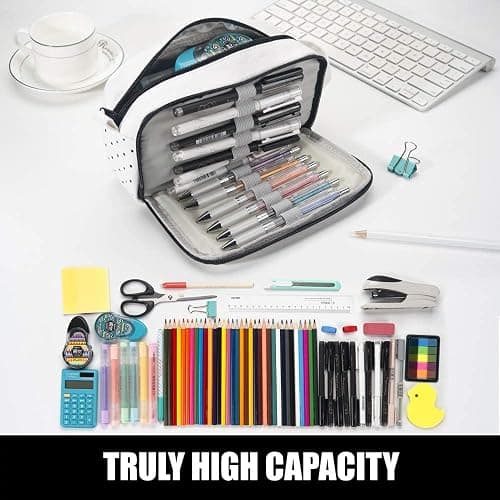 Sooez High Capacity Pencil Case,Durable Pencil Bag Pouch Organizer, Pen Case Portable Journaling Supplies with Easy Grip Handle & Loop, Asthetic Supply for Adults, Black & White thumbnail 2
