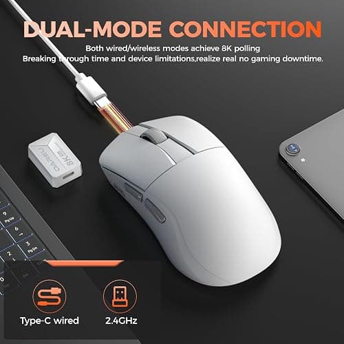 DAREU A950 Wing 8K Lightweight Wireless Gaming Mouse 1.23oz (35g), Custom PAW3950 30K Optical Sensor, Wired/Wireless Dual 8k Polling Rate, Symmetrical, 5 Programmable Buttons,70H Battery - White thumbnail 6
