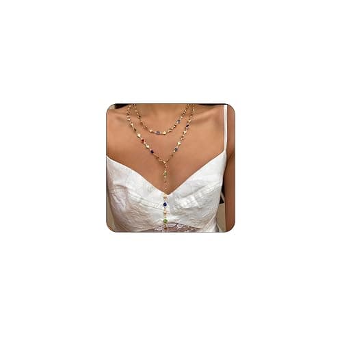 Colorful Crystal Long Necklace for Women Dainty Boho Y-Shaped Color Bead Necklaces Sparkly Rhinestone Pendant Layered Gold Long Chain Choker Good Luck Trend Jewelry Gift Jewelry - Image 1
