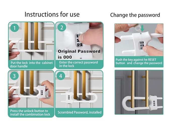 FIGEPO 6 Pack Child Proof U-Shaped Code Sliding Cabinet Door Locks Adjustable Baby Safety Plastic Cupboard Cabinet Latches Set for Knob Handle Drawers Closet Black thumbnail 6