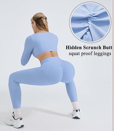 OMKAGI 2 Piece Workout Sets for Women Long Sleeve Padded Sports Bra High Waisted Gym Outfits with Pocket thumbnail 4