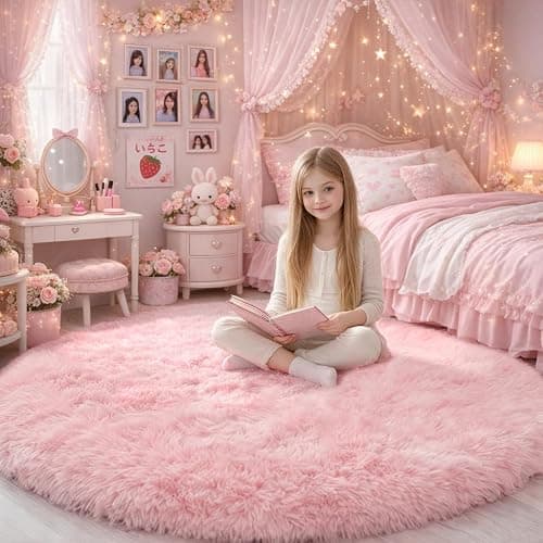 Tappeto rotondo rosa per camera da letto delle ragazze, soffice tappeto circolare 15,2 x 15,2 cm, per camera dei bambini, tappeto peloso circolare a pelo lungo morbido per dormitorio - Image 1