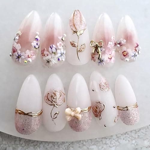24Pcs Flower Press on Nails Medium Almond Fake Nails with Bow Rhinestones Designs Pink Acrylic Nails Glitter Glue on Nails Cute Floral False Nails Rose Flowers Stick on Nails for Women Nail Supplies - Image 1