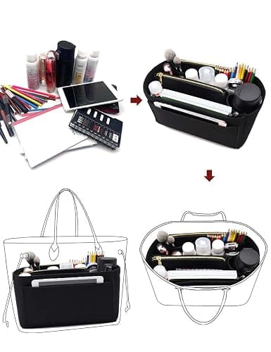 LEXSION Felt Purse Bag Organizer Insert with zipper Bag Tote Shaper Fit Speedy Neverful PM MM - Slender Large - Beige thumbnail 7