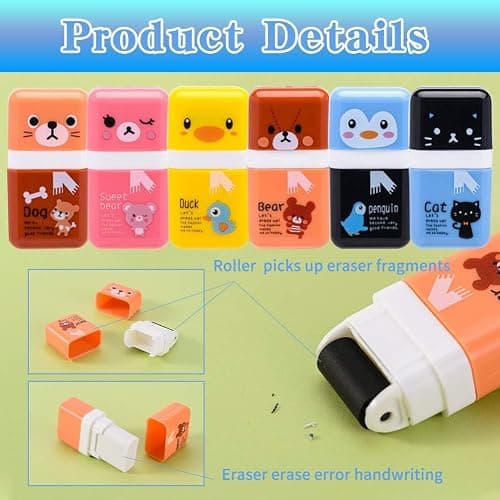 Sooez 12 Pack Pencil Erasers, Cute Erasers Pencil Eraser with Clean up Roller Pencil Eraser Shaving Roller Case Erasers for Party Favors Gift Supplies thumbnail 5