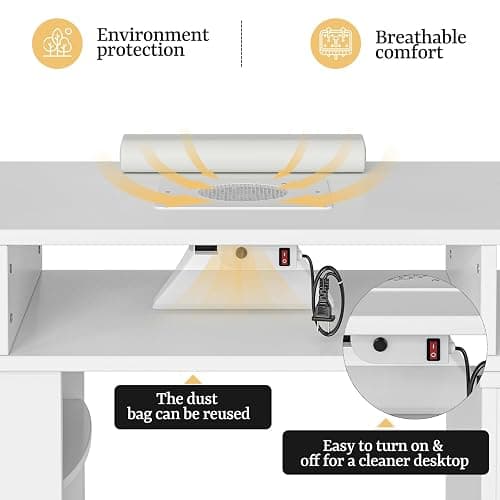 Paddie Manicure Table Nail Desk with LED Lamp & Light, Glass Cabinet Door Nail Table Station w/Dust Collector, Charging Station, Removable Acrylic Container, Cabinet and Drawer(White-New) thumbnail 5