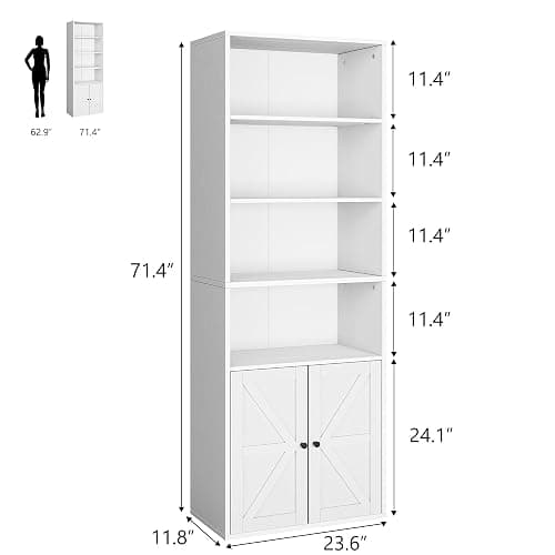 IDEALHOUSE Bookcase with Doors Industrial Bookshelf 11.8in Depth Display Storage Shelves 71.4in Tall Farmhouse Bookcases Wooden 6 Shelf Bookshelvels for Bedroom, Living Room, Home Office (White) - White thumbnail 2