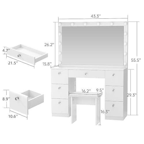 VOWNER Vanity with Lighted Mirror - Makeup Vanity Desk with Power Outlet and 7 Drawers, 3 Color Lighting Modes Adjustable Brightness, 44" Vanity Table with Soft Cushioned Stool for Women Girls, White thumbnail 2
