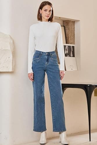 Sidefeel Women's Straight Leg Jeans High Waisted Petite Stretchy Jeans Zimbaplatinum Wide Leg Ankle Denim Pants with Pockets thumbnail 6