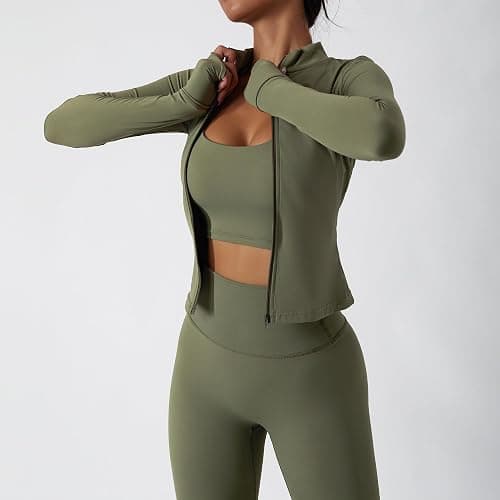 Women’s 3 Piece Workout Set – Sports Bra, Leggings & Jacket with Thumbholes – Yoga Outfit Activewear for Gym Running Training thumbnail 2
