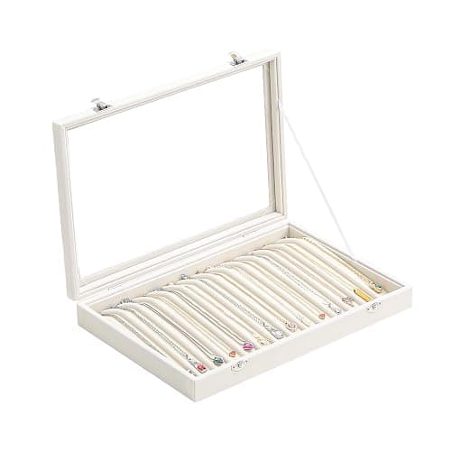14 Hooks Necklace Storage Tray, Velvet Neckalce Organizer Box with Clear Lid, Pendant Chain Necklace Jewelry Organizer Drawer Tray for Women Girls (Beige) - Image 1