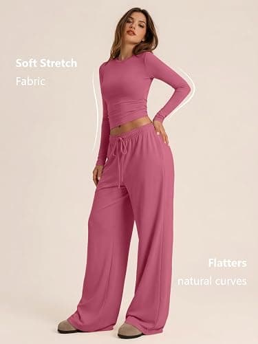 Trendy Queen Women's 2 Piece 2026 Fall Fashion Lounge Set with Pockets | Airport Outfit, Athleisure Workout Set, Fall Wardrobe Staple, Winter Style, Side-Ruched Top, Drawstring Wide-Leg Pants thumbnail 3