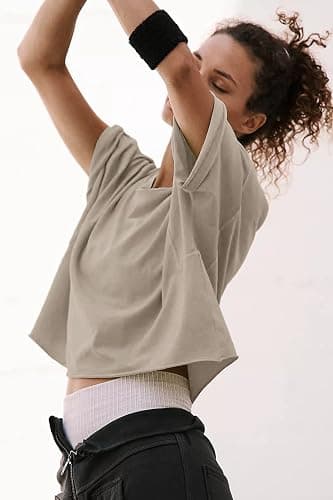 Women's Oversize Workout Crop Tops Casual Short Sleeve Drop Shoulder Boxy T-Shirts Roll Hem Basic Loose Yoga Running Tees thumbnail 4