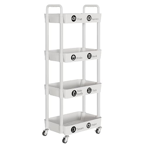 Laiensia 4-Tier Storage Carts,Multifunction Utility Rolling Cart Kitchen Storage Organizer,Mobile Shelving Unit Cart with Lockable Wheels for Bathroom,Laundry,Living Room,With Classified Sticker,White thumbnail 8