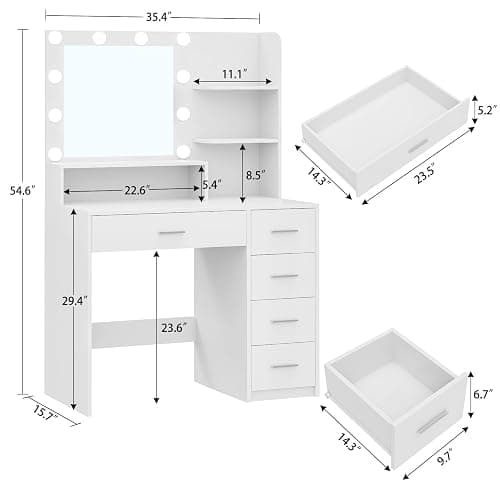 Quimoo Vanity Desk with Mirror & Lights, Makeup Vanity with 5 Drawers & Storage Shelves, White Vanity Table, 3 Color Modes & Adjustable Brightness, Dressing Table, Bedroom thumbnail 2