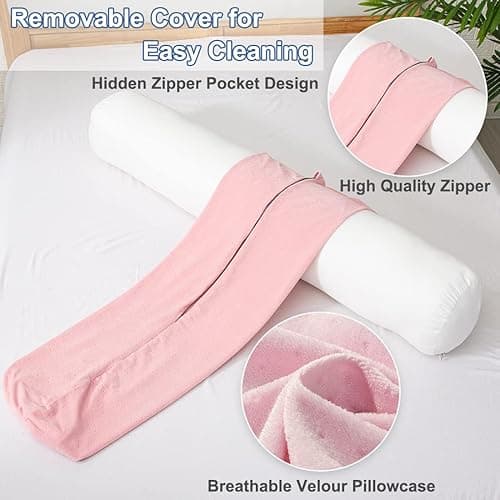 1 MIDDLE ONE Body Pillow for Adults, Bolster Pillow with Removable Velour Cover, Long Round Roll Cylinder Pillow for Bed, 47" x 7.87", Pink thumbnail 5