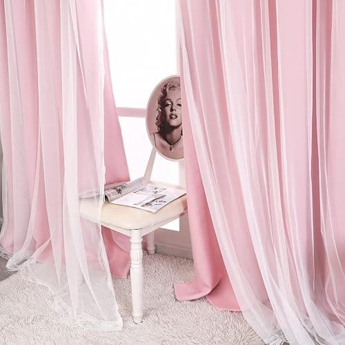 SOFJAGETQ Pink Curtains 84 inch Length - Double Layers Blackout and Sheer with Lace Hem Window Curtains & Draperies Panels for Kids/ Girls Bedroom Living Room Nursery, 2 PCs - 52 x 84 White thumbnail 7