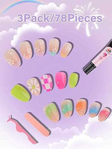 78 Pieces Press on Nails for Kids, EBANKU 3 Pack Kid Fake Nail Kit Old Colorful Flower Press on Nails for Girls 8-12 Years with Jelly Nail Adhesives & Nail Builder Glue thumbnail 5