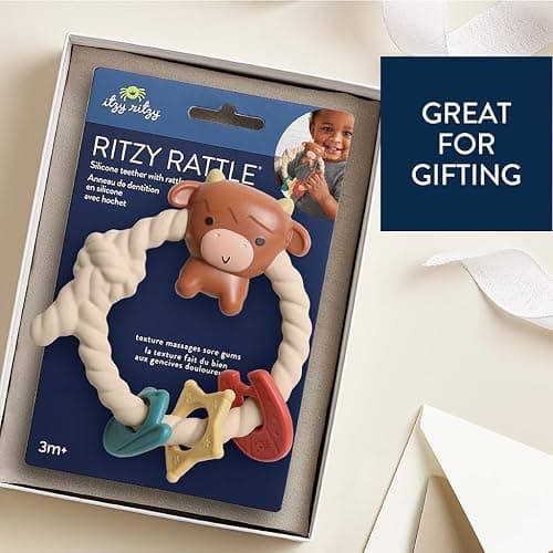 Itzy Ritzy Silicone Teether with Rattle – Rattle Teether Features Rattle Sound, Three Silicone Teething Rings and Raised Texture to Soothe Gums – Ages 3 Months and Up (Highland Cow) thumbnail 5