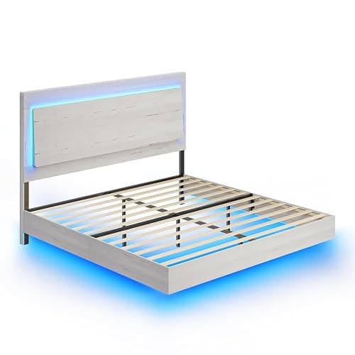 AMERLIFE Full Bed Frame, Farmhouse Floating Bed Frame with Recline Headboard, Platform Bed with LED Light, No Box Spring Needed/Noise Free, Distressed White thumbnail 8