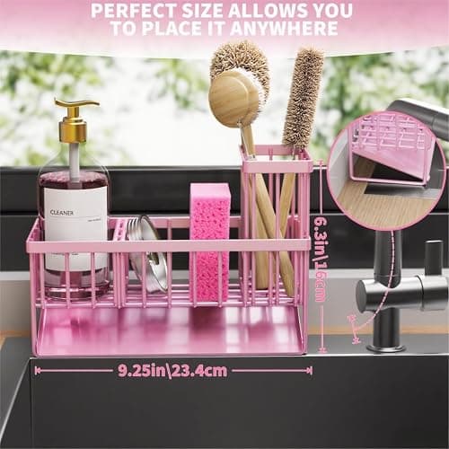 Cisily Pink Kitchen Sink Caddy Organzier with High Brush Holder, Sponge Holder for Sink, 304 Rustproof Stainless, Kitchen Countertop Soap Dispenser Organizer thumbnail 2