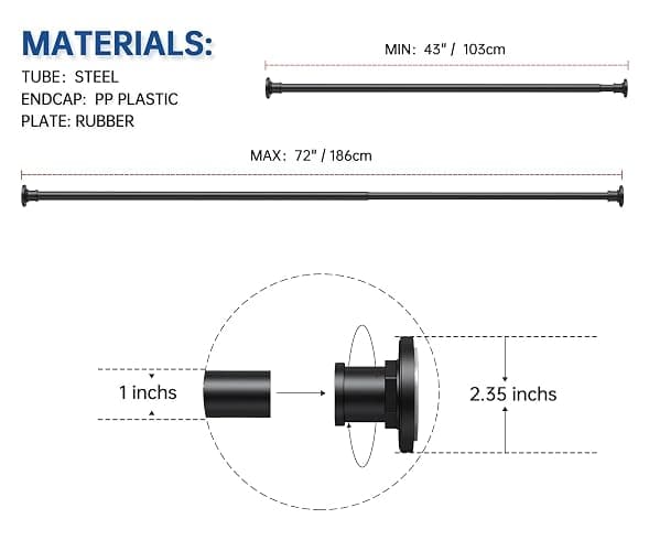 BRIOFOX Industrial Shower Curtain Rod - 2-in-1 Design Tension Curtain Rod - Never Rust Non-Slip 43 to 72 Inch Stainless Steel, Matte Black Window Curtain Rod thumbnail 2