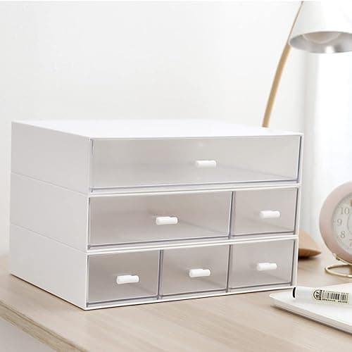 Desk Organizer-3 Tier Stackable Storage Drawers with 6 Compartments White Compact Desk Storage Drawers Great for Makeup Storage Bathroom Organization Accessories Etc (White) thumbnail 3
