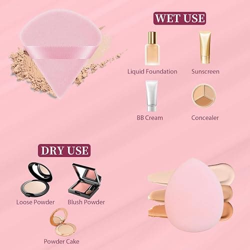 DUAIU 16 PCS Makeup Sponges Set, Beauty Blenders & Powder Puffs for Foundation, Cream, Powder, Face Makeup Sponge Kit with Blender, Triangle Puff and Mini Make up Sponges for Wet Dry Use (Pink) thumbnail 2