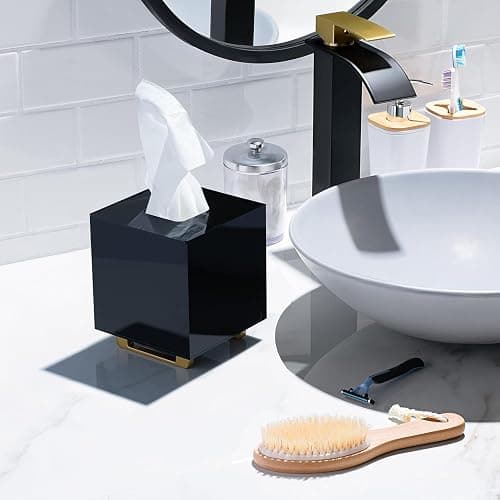YoBa Thick Black Acrylic Tissue Box Holder Square Tissue Box Dispenser with Gold Plated Aluminum Legs for Bathroom, Kitchen, Bedroom, Office, Hotel and Restaurant thumbnail 4