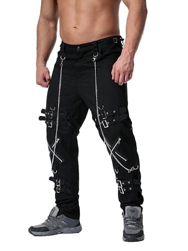 Idopy Men`s Steampunk Gothic Hip Hop Party Cosplay Punk Rock Techwear Pants Edgy Streetwear with Chain thumbnail 2