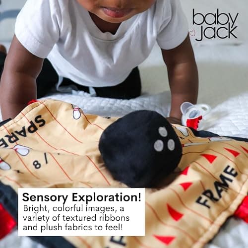 Baby Jack & Co 10x10 Bowling Sports Lovey Sensory Plush Blanket - Tag Toys for Babies - Baby Stroller Toys - Learn Shapes, Letters & Colors - Perfect MVP Baby Toy & Baby Sports Gift w/Stroller Clip thumbnail 5