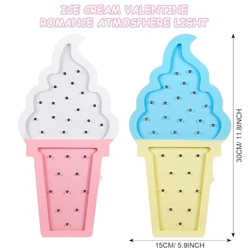 Mudder 2 Pcs Ice Cream Decor Wooden LED Night Light Romance Atmosphere Light Ice Cream Theme Party Lamps Battery Operated LED Night Lights for Spring Party Birthday Wedding(Blue-Yellow) thumbnail 2
