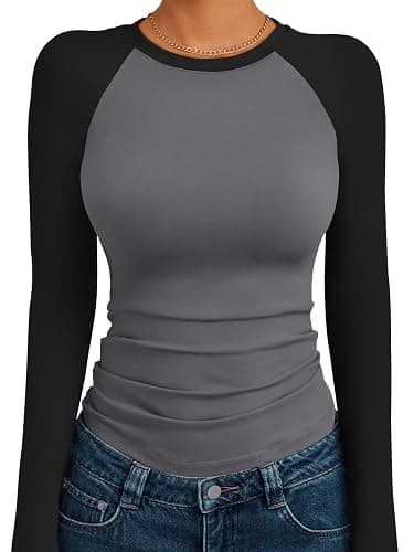 Trendy Queen Women's Long Sleeve Shirts Slim Fit Stretchy Color Block Slightly Cropped Tops - Image 1